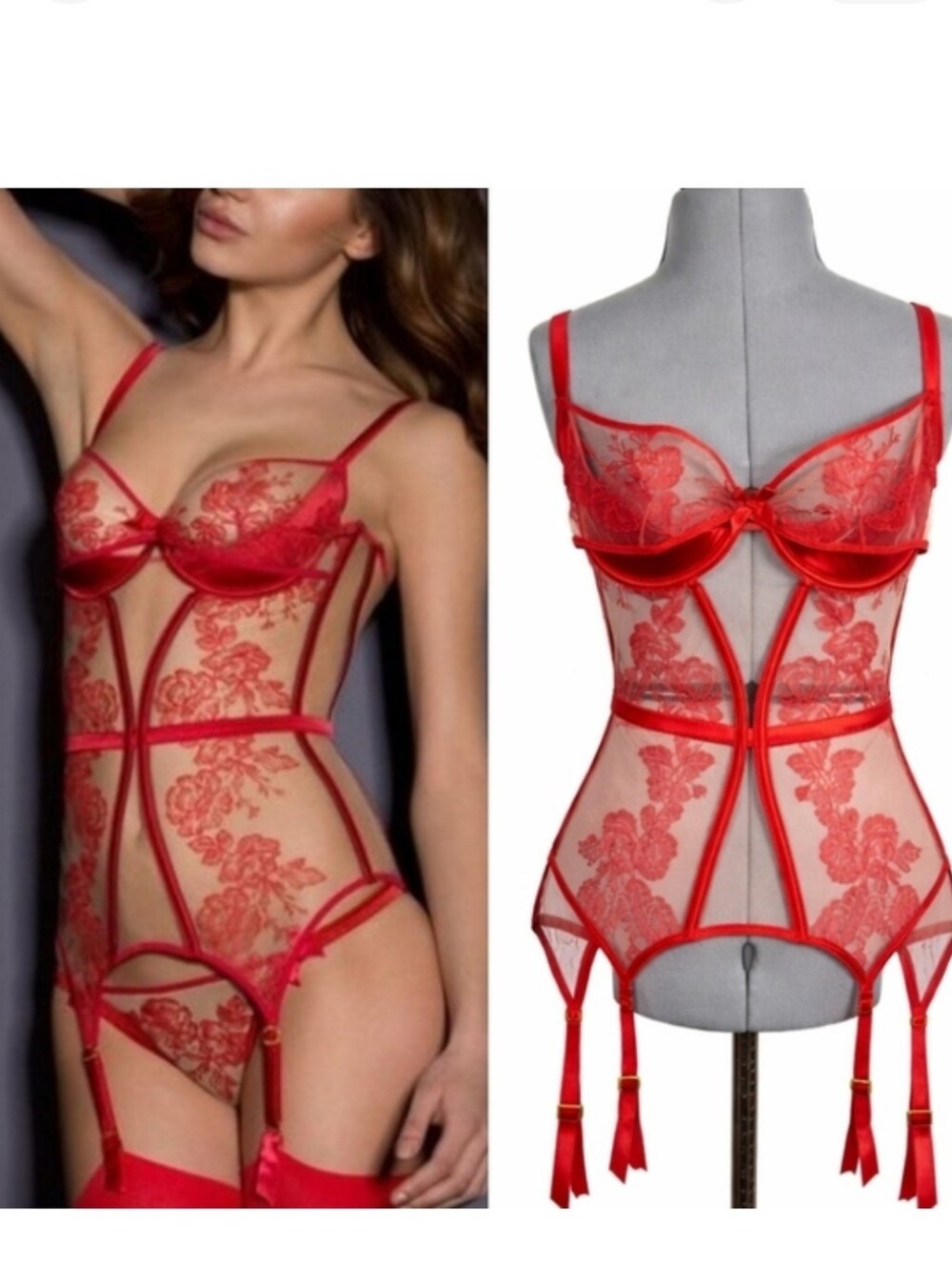 Agent Provocateur Gloria Red Lace Floral Basque Garter Corset 34D